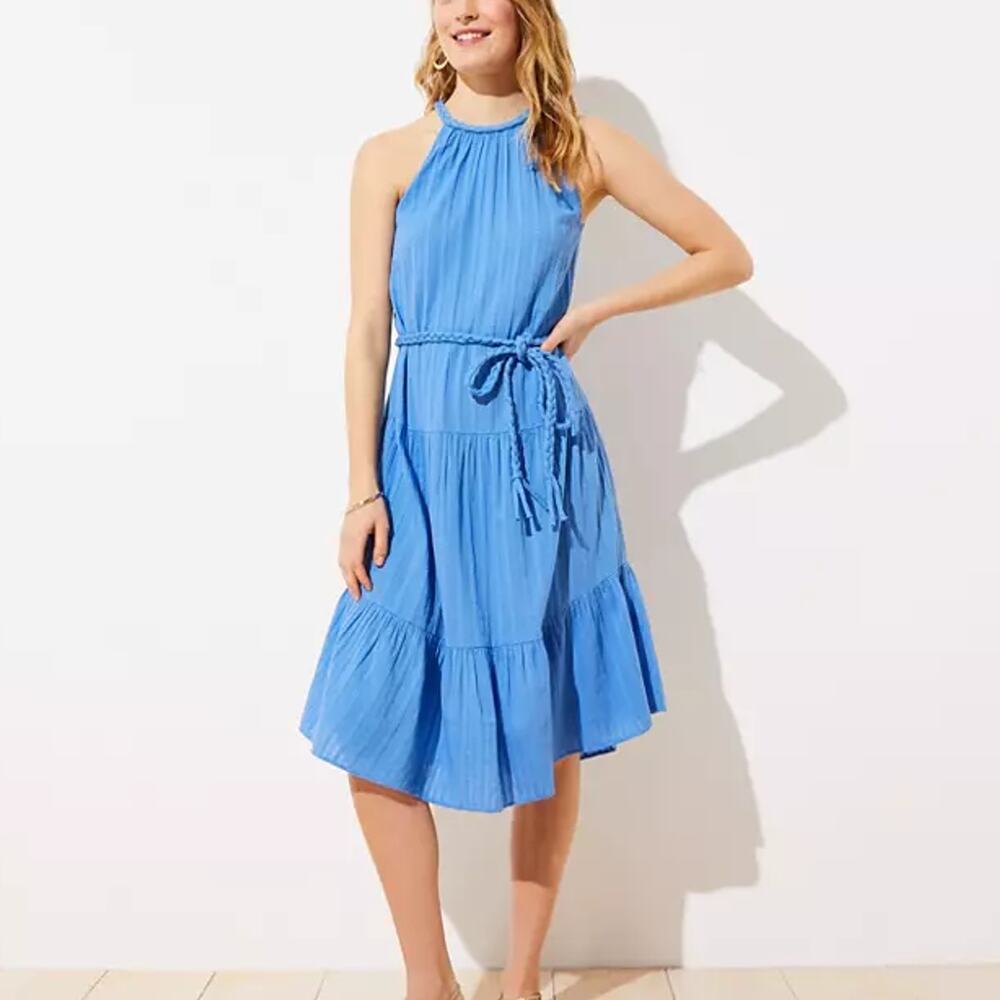 LOFT Beach Braided Belt Halter Blue Midi Dress Large NWT Cotton Casual Coastal